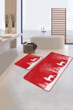 - RealHomes - Realhomes  Yılbaşı Temalı Beyaz Geyik Motifli 2'li Mutfak Paspas Takımı & Banyo Halı Seti Realhomes