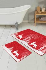 - RealHomes - Realhomes  Yılbaşı Temalı Beyaz Geyik Motifli 2'li Mutfak Paspas Takımı & Banyo Halı Seti Realhomes