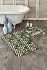 - RealHomes - Realhomes  Siyah Beyaz Çizgili Tropik Yaprak Motifli 2'li Mutfak Paspas Takımı & Banyo Paspas Seti Realhomes