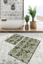 - RealHomes - Realhomes  Siyah Beyaz Çizgili Tropik Yaprak Motifli 2'li Mutfak Paspas Takımı & Banyo Paspas Seti Realhomes