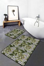 - RealHomes - Realhomes  Siyah Beyaz Çizgili Tropik Yaprak Motifli 2'li Mutfak Paspas Takımı & Banyo Paspas Seti Realhomes