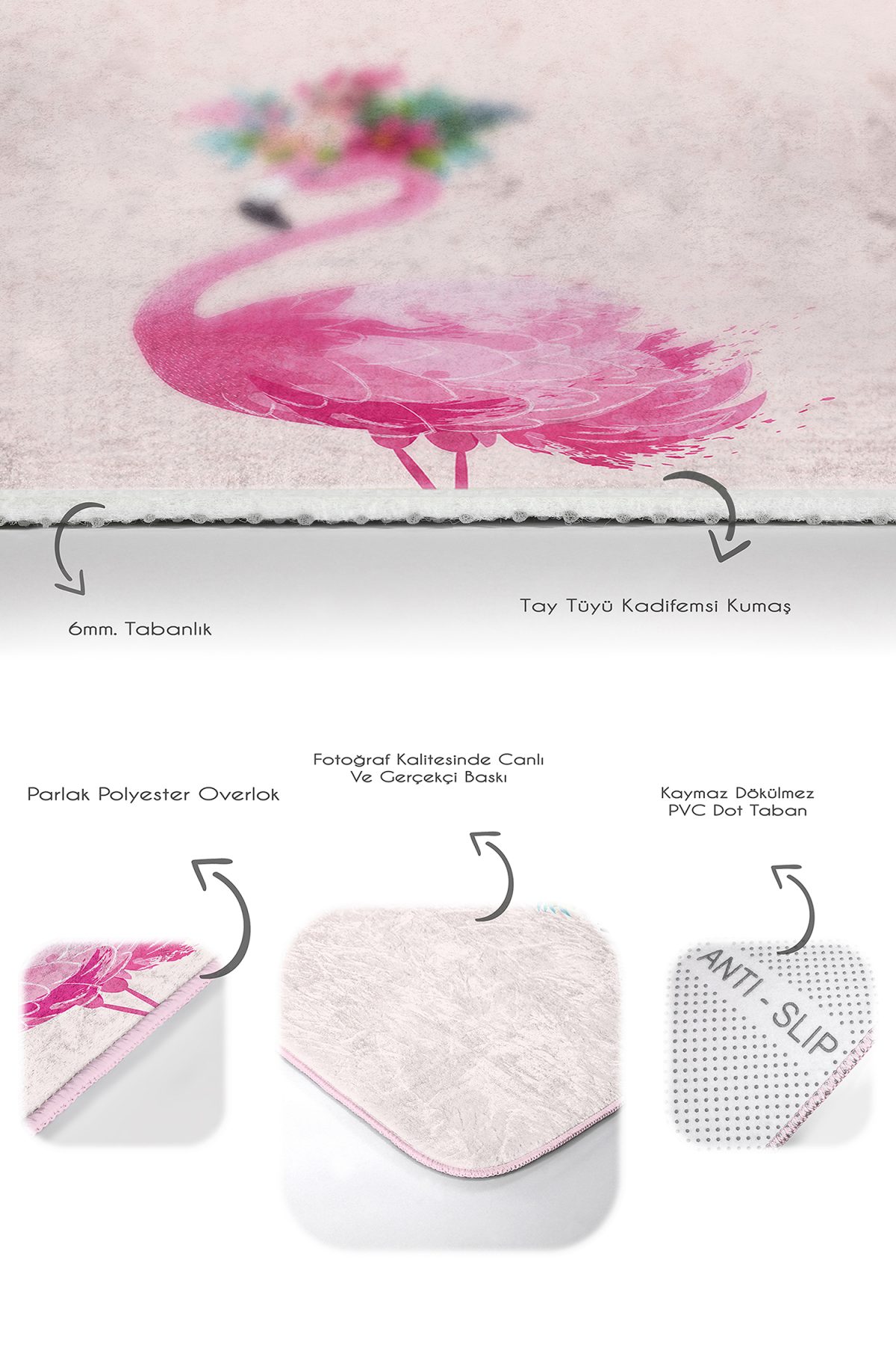 Pembe Zemin Flamingo Özel Tasarım 2'li Banyo Paspas Takımı & Mutfak Paspas Seti Realhomes