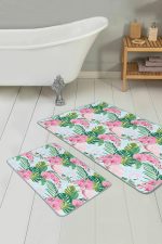 - RealHomes - Realhomes Mavi Zemin Tropik Yaprak Flamingo Motifli 2'li Mutfak Paspas Seti & Banyo Paspas Takımı Realhomes