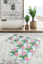 - RealHomes - Realhomes Mavi Zemin Tropik Yaprak Flamingo Motifli 2'li Mutfak Paspas Seti & Banyo Paspas Takımı Realhomes