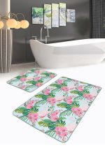 - RealHomes - Realhomes Mavi Zemin Tropik Yaprak Flamingo Motifli 2'li Mutfak Paspas Seti & Banyo Paspas Takımı Realhomes