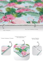 - RealHomes - Realhomes Mavi Zemin Tropik Yaprak Flamingo Motifli 2'li Mutfak Paspas Seti & Banyo Paspas Takımı Realhomes