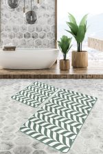 - RealHomes - Realhomes  Yeşil Desenli Ebru Sanatı Çizimli 2'li Mutfak & Banyo Paspas Takımı Realhomes