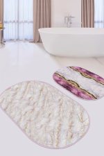 - RealHomes - Realhomes  Mermer Motifli Mor Mermer Detaylı 2'li Oval Kaymaz Tabanlı Banyo & Mutfak Paspas Takımı Realhomes
