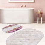 Lacivert Gül Tasarımlı Dijital Baskılı 2'li Oval Kaymaz Tabanlı Banyo & Mutfak Paspas Takımı Realhomes