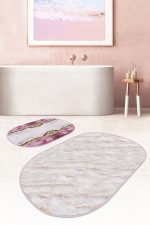 - RealHomes - Realhomes  Mermer Motifli Mor Mermer Detaylı 2'li Oval Kaymaz Tabanlı Banyo & Mutfak Paspas Takımı Realhomes