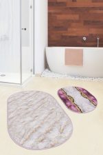- RealHomes - Realhomes  Mermer Motifli Mor Mermer Detaylı 2'li Oval Kaymaz Tabanlı Banyo & Mutfak Paspas Takımı Realhomes