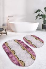 - RealHomes - Realhomes Mor Mermer Tasarımlı Dijital Baskılı 2'li Oval Kaymaz Tabanlı Banyo & Mutfak Paspas Takımı Realhomes