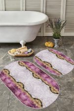 - RealHomes - Realhomes Mor Mermer Tasarımlı Dijital Baskılı 2'li Oval Kaymaz Tabanlı Banyo & Mutfak Paspas Takımı Realhomes