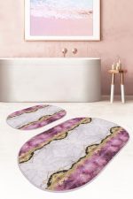 - RealHomes - Realhomes Mor Mermer Tasarımlı Dijital Baskılı 2'li Oval Kaymaz Tabanlı Banyo & Mutfak Paspas Takımı Realhomes