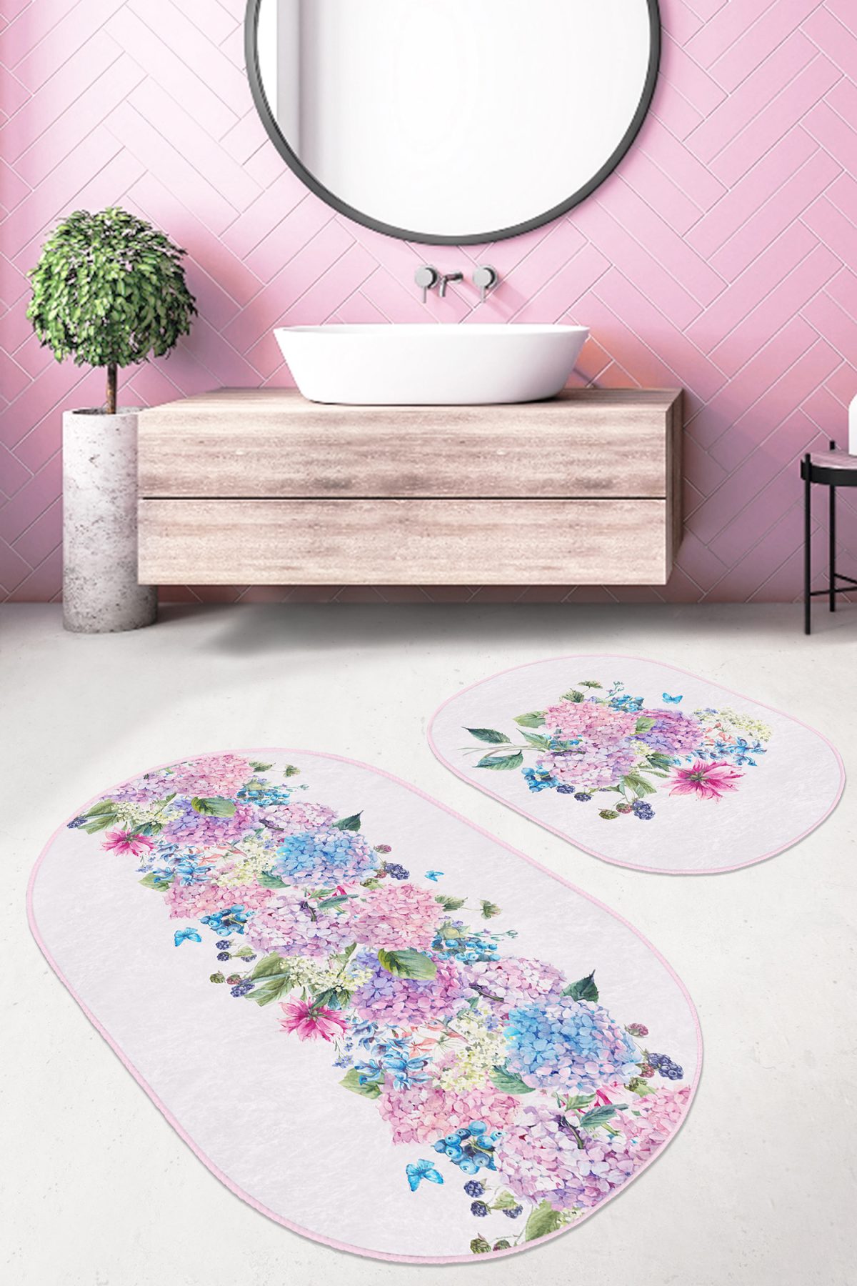 Renkli Ortanca Çiçekleri Özel Tasarım 2'li Oval Kaymaz Tabanlı Banyo & Mutfak Paspas Takımı Realhomes