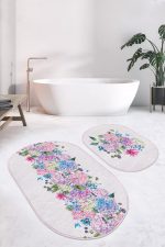 - RealHomes - Realhomes  Renkli Ortanca Çiçekleri Özel Tasarım 2'li Oval Kaymaz Tabanlı Banyo & Mutfak Paspas Takımı Realhomes