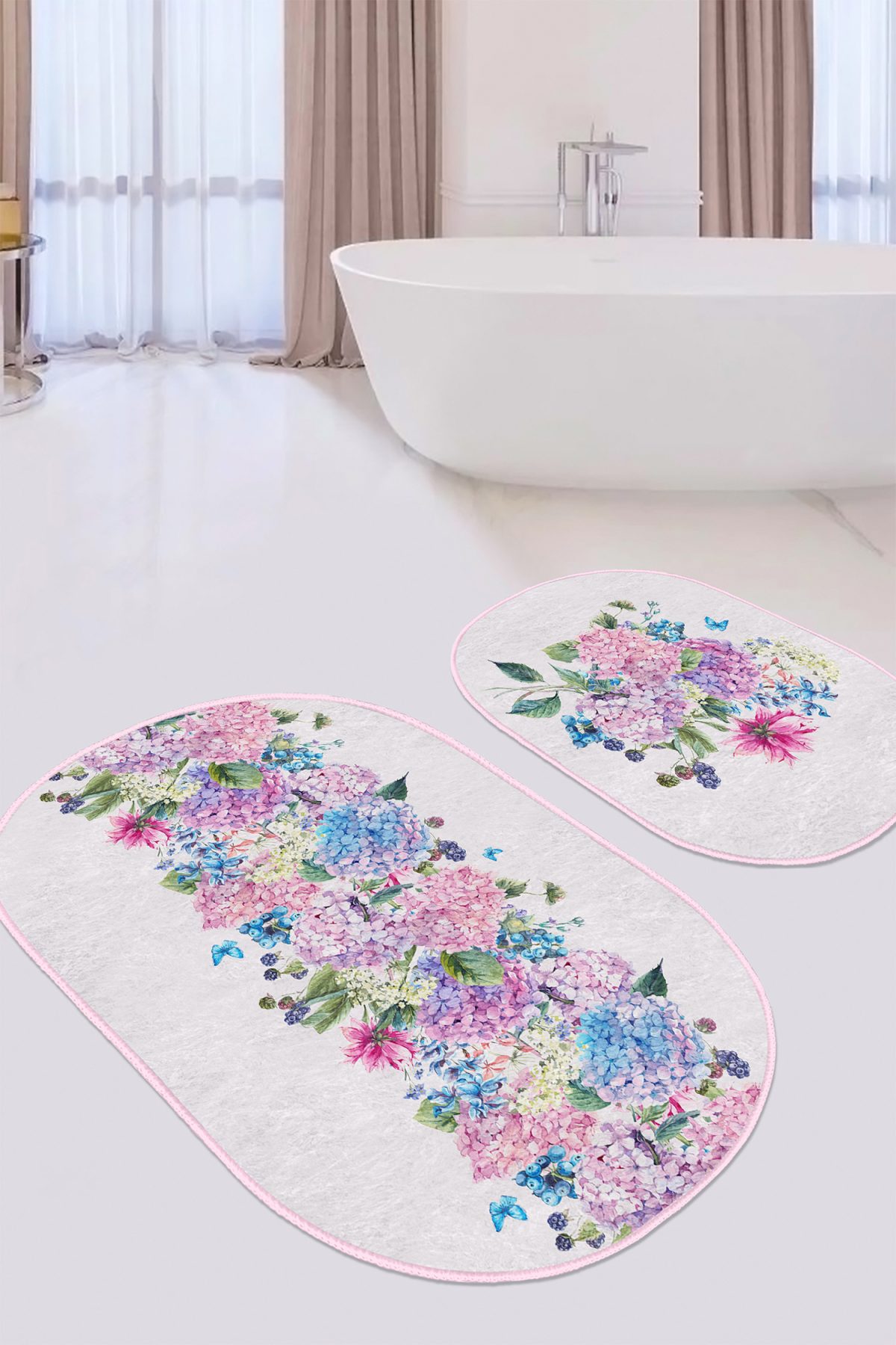 Renkli Ortanca Çiçekleri Özel Tasarım 2'li Oval Kaymaz Tabanlı Banyo & Mutfak Paspas Takımı Realhomes
