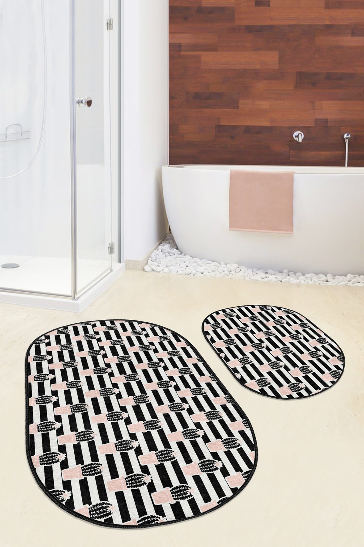 Siyah Beyaz Çizgili Kaktüs Motifli 2'li Oval Kaymaz Tabanlı Banyo & Mutfak Paspas Takımı Realhomes