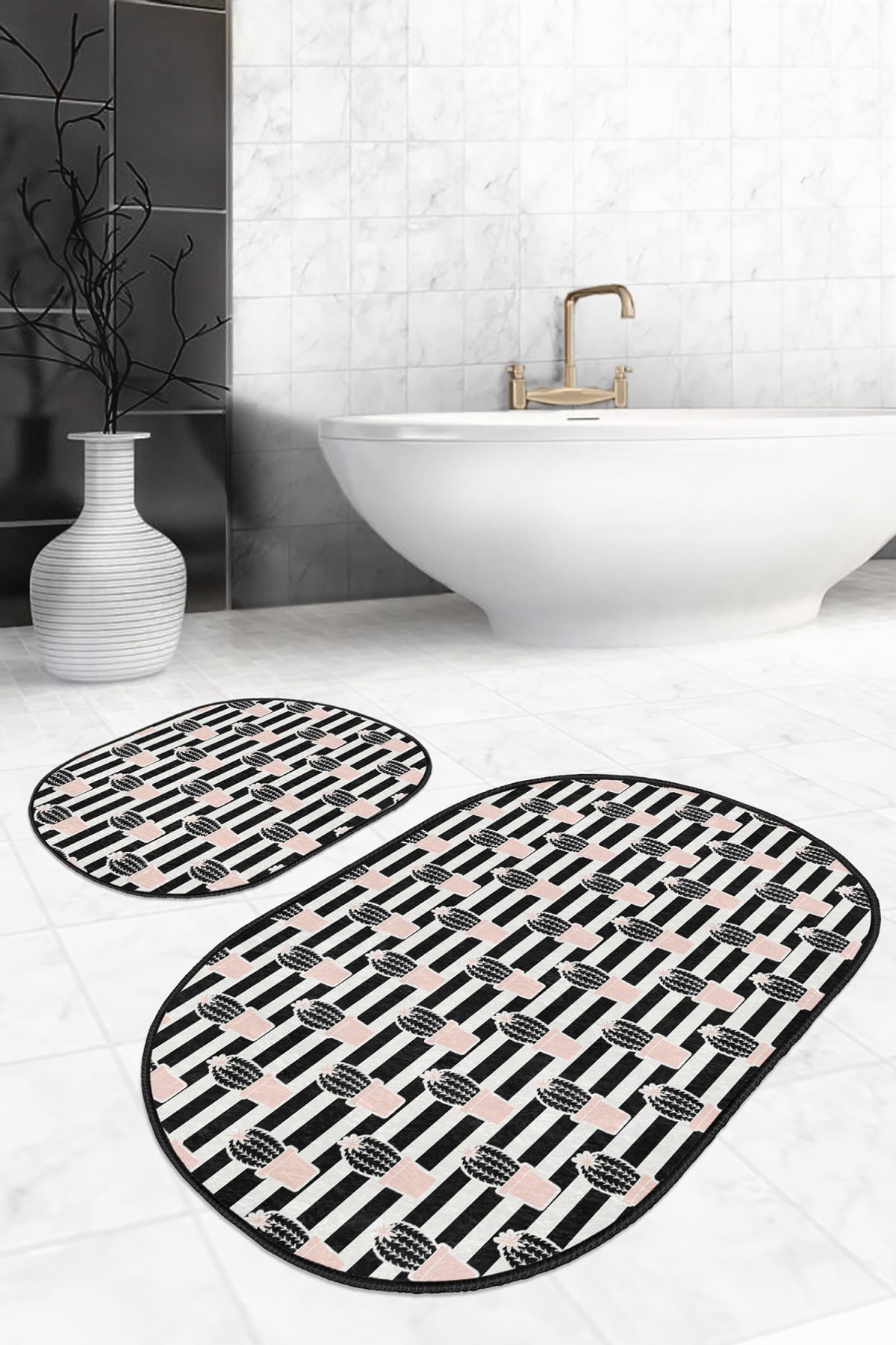 Siyah Beyaz Çizgili Kaktüs Motifli 2'li Oval Kaymaz Tabanlı Banyo & Mutfak Paspas Takımı Realhomes
