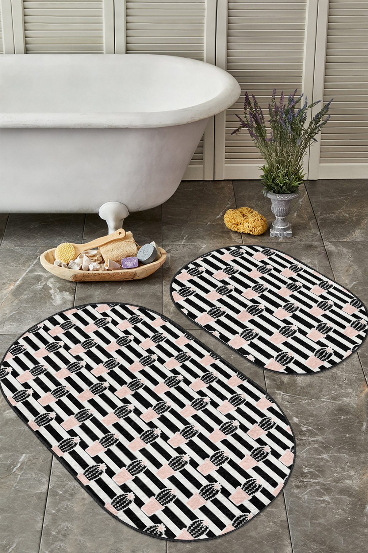 Siyah Beyaz Çizgili Kaktüs Motifli 2'li Oval Kaymaz Tabanlı Banyo & Mutfak Paspas Takımı Realhomes