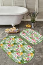 - RealHomes - Realhomes  Yeşil Çizgili Ananas Flamingo Tasarımlı 2'li Oval Kaymaz Tabanlı Banyo & Mutfak Paspas Takımı Realhomes