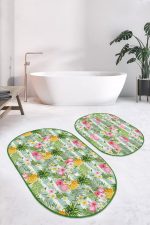 - RealHomes - Realhomes  Yeşil Çizgili Ananas Flamingo Tasarımlı 2'li Oval Kaymaz Tabanlı Banyo & Mutfak Paspas Takımı Realhomes