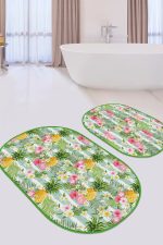 - RealHomes - Realhomes  Yeşil Çizgili Ananas Flamingo Tasarımlı 2'li Oval Kaymaz Tabanlı Banyo & Mutfak Paspas Takımı Realhomes