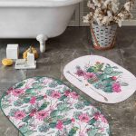 Sarı Motifli Kedi Desenli Çizgili 2'li Oval Kaymaz Tabanlı Banyo Paspas Seti & Mutfak Halı Takımı Realhomes