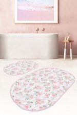 Pudra Gül Desenli Dijital Baskılı 2'li Oval Kaymaz Tabanlı Banyo & Mutfak Paspas Takımı Realhomes