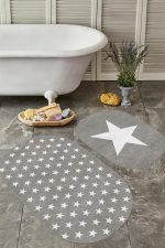 - RealHomes - Realhomes  Gri Zemin Yıldız Temalı Özel Tasarım 2'li Oval Kaymaz Tabanlı Banyo & Mutfak Paspas Takımı Realhomes