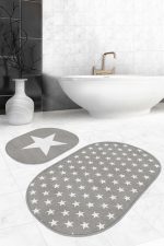 - RealHomes - Realhomes  Gri Zemin Yıldız Temalı Özel Tasarım 2'li Oval Kaymaz Tabanlı Banyo & Mutfak Paspas Takımı Realhomes