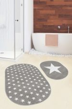 - RealHomes - Realhomes  Gri Zemin Yıldız Temalı Özel Tasarım 2'li Oval Kaymaz Tabanlı Banyo & Mutfak Paspas Takımı Realhomes