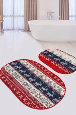 - RealHomes - Realhomes  Kanaviçe Tasarımlı Yılbaşı Temalı Dijital Baskılı 2'li Oval Kaymaz Tabanlı Banyo & Mutfak Paspas Takımı Realhomes