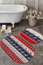 - RealHomes - Realhomes  Kanaviçe Tasarımlı Yılbaşı Temalı Dijital Baskılı 2'li Oval Kaymaz Tabanlı Banyo & Mutfak Paspas Takımı Realhomes