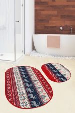 - RealHomes - Realhomes  Kanaviçe Tasarımlı Yılbaşı Temalı Dijital Baskılı 2'li Oval Kaymaz Tabanlı Banyo & Mutfak Paspas Takımı Realhomes