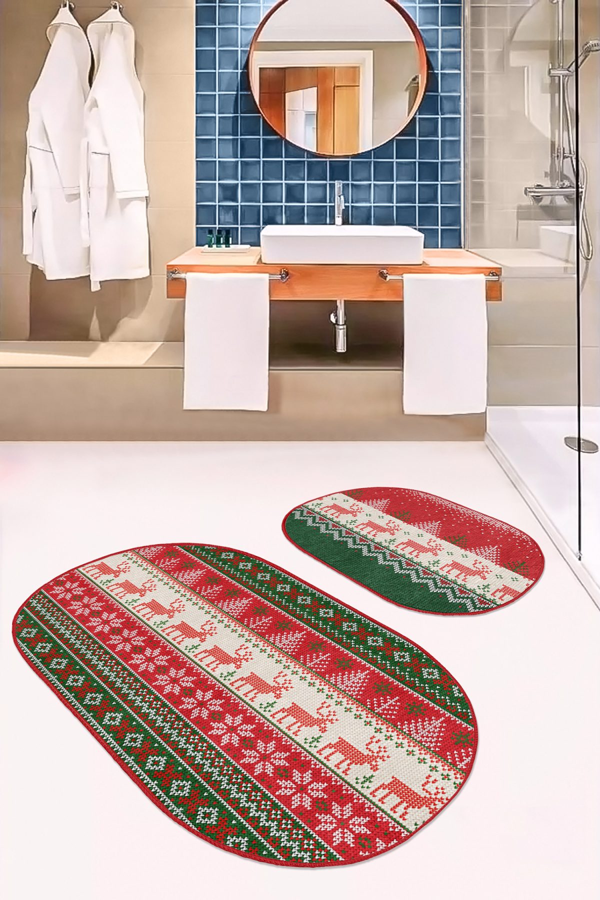 Geyik Motifli Yılbaşı Temalı Dijital Baskılı 2'li Oval Kaymaz Tabanlı Banyo & Mutfak Paspas Takımı Realhomes