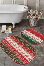 - RealHomes - Realhomes  Geyik Motifli Yılbaşı Temalı Dijital Baskılı 2'li Oval Kaymaz Tabanlı Banyo & Mutfak Paspas Takımı Realhomes