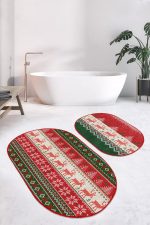 - RealHomes - Realhomes  Geyik Motifli Yılbaşı Temalı Dijital Baskılı 2'li Oval Kaymaz Tabanlı Banyo & Mutfak Paspas Takımı Realhomes