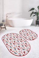- RealHomes - Realhomes  Mery Christmas Tasarımlı Dijital Baskılı 2'li Oval Kaymaz Tabanlı Banyo & Mutfak Paspas Takımı Realhomes