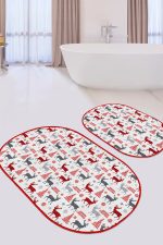 - RealHomes - Realhomes  Mery Christmas Tasarımlı Dijital Baskılı 2'li Oval Kaymaz Tabanlı Banyo & Mutfak Paspas Takımı Realhomes