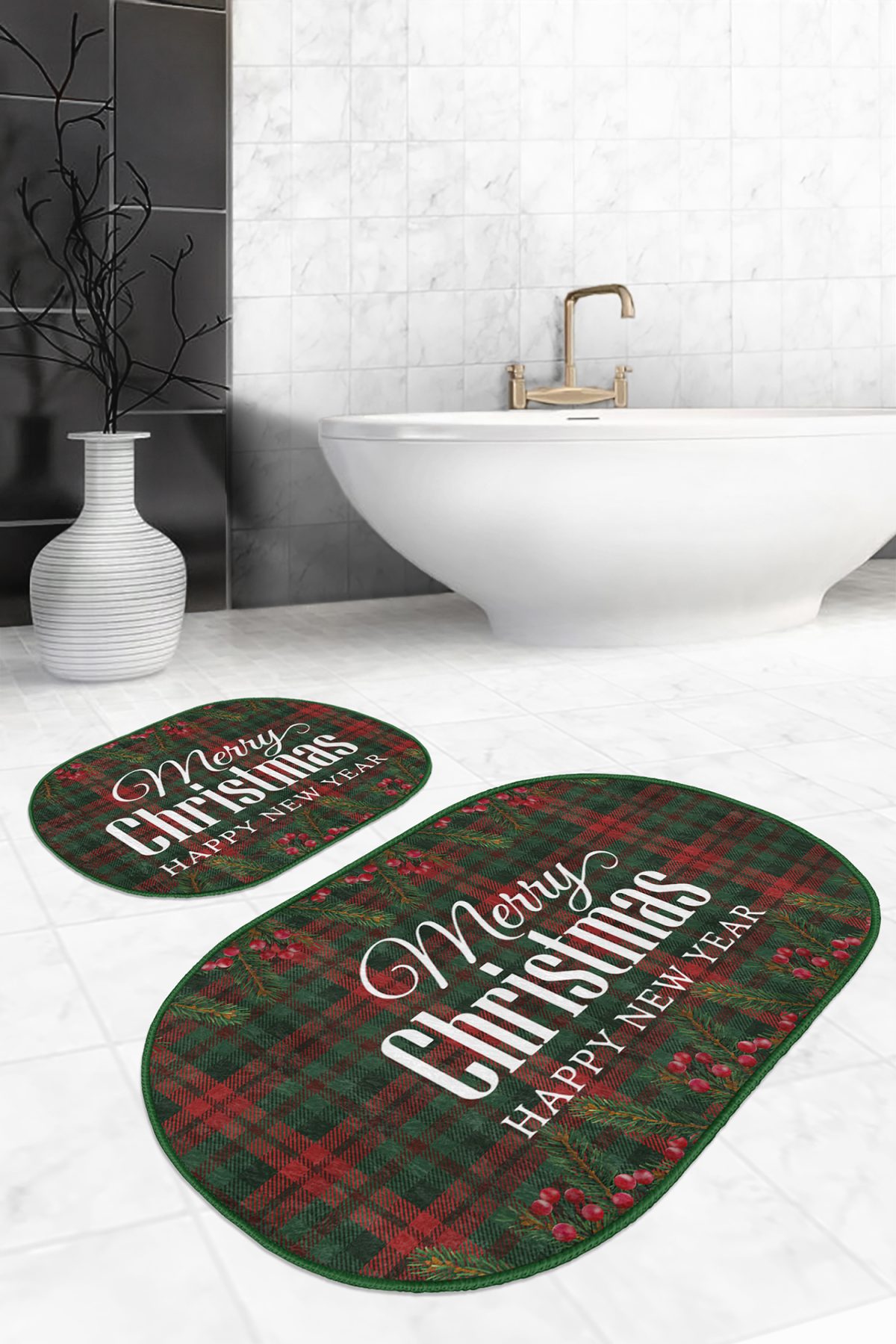 Mery Christmas Temalı Ekose Zeminli Özel Tasarım 2'li Oval Kaymaz Tabanlı Banyo & Mutfak Paspas Takımı Realhomes