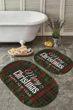 Mery Christmas Temalı Ekose Zeminli Özel Tasarım 2'li Oval Kaymaz Tabanlı Banyo & Mutfak Paspas Takımı Realhomes