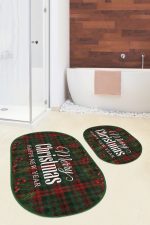Mery Christmas Temalı Ekose Zeminli Özel Tasarım 2'li Oval Kaymaz Tabanlı Banyo & Mutfak Paspas Takımı Realhomes