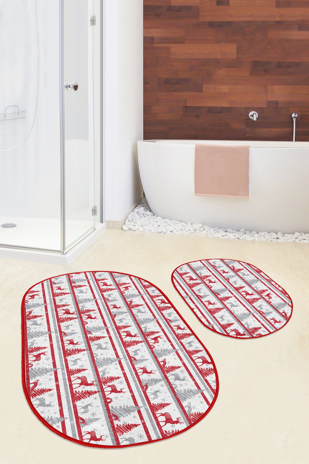 Kırmızı Gri Yılbaşı Temalı Dijital Baskılı 2'li Oval Kaymaz Tabanlı Banyo & Mutfak Paspas Takımı Realhomes