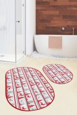 - RealHomes - Realhomes  Kırmızı Gri Yılbaşı Temalı Dijital Baskılı 2'li Oval Kaymaz Tabanlı Banyo & Mutfak Paspas Takımı Realhomes