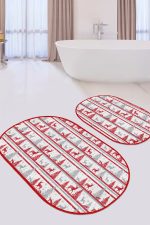 - RealHomes - Realhomes  Kırmızı Gri Yılbaşı Temalı Dijital Baskılı 2'li Oval Kaymaz Tabanlı Banyo & Mutfak Paspas Takımı Realhomes