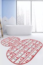 - RealHomes - Realhomes  Kırmızı Gri Yılbaşı Temalı Dijital Baskılı 2'li Oval Kaymaz Tabanlı Banyo & Mutfak Paspas Takımı Realhomes