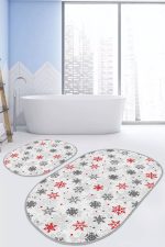 - RealHomes - Realhomes  Kırmızı Gri Kar Taneleri Özel Tasarım 2'li Oval Kaymaz Tabanlı Banyo & Mutfak Paspas Takımı Realhomes