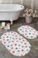 - RealHomes - Realhomes  Kırmızı Gri Kar Taneleri Özel Tasarım 2'li Oval Kaymaz Tabanlı Banyo & Mutfak Paspas Takımı Realhomes