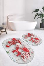 - RealHomes - Realhomes  Love Tasarımlı Yılbaşı Temalı Özel Tasarım 2'li Oval Kaymaz Tabanlı Banyo & Mutfak Paspas Takımı Realhomes